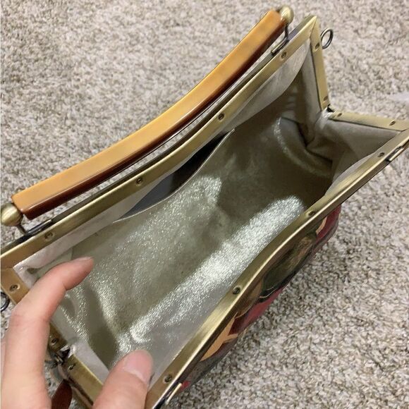 Abstract Print Genuine Cowhide Handmade Double Kisslock Bag with 2 Strap Styles - Picture 14 of 16